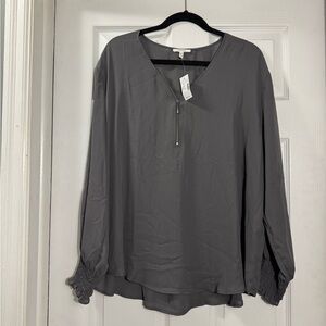 Maurices Charcoal Zip Blouse 1X Smocked Sleeve Work Office Chic NWT